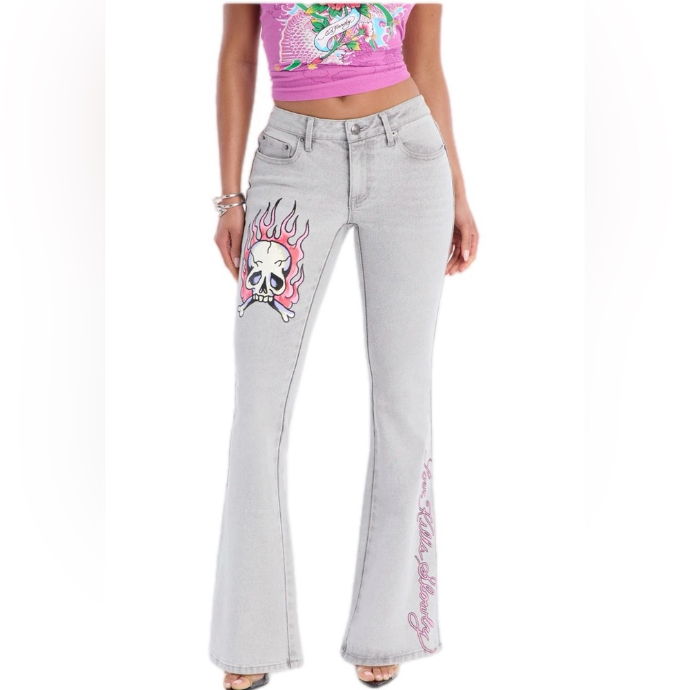 Ed Hardy Gray Boot Cut Jeans with Pink Skull